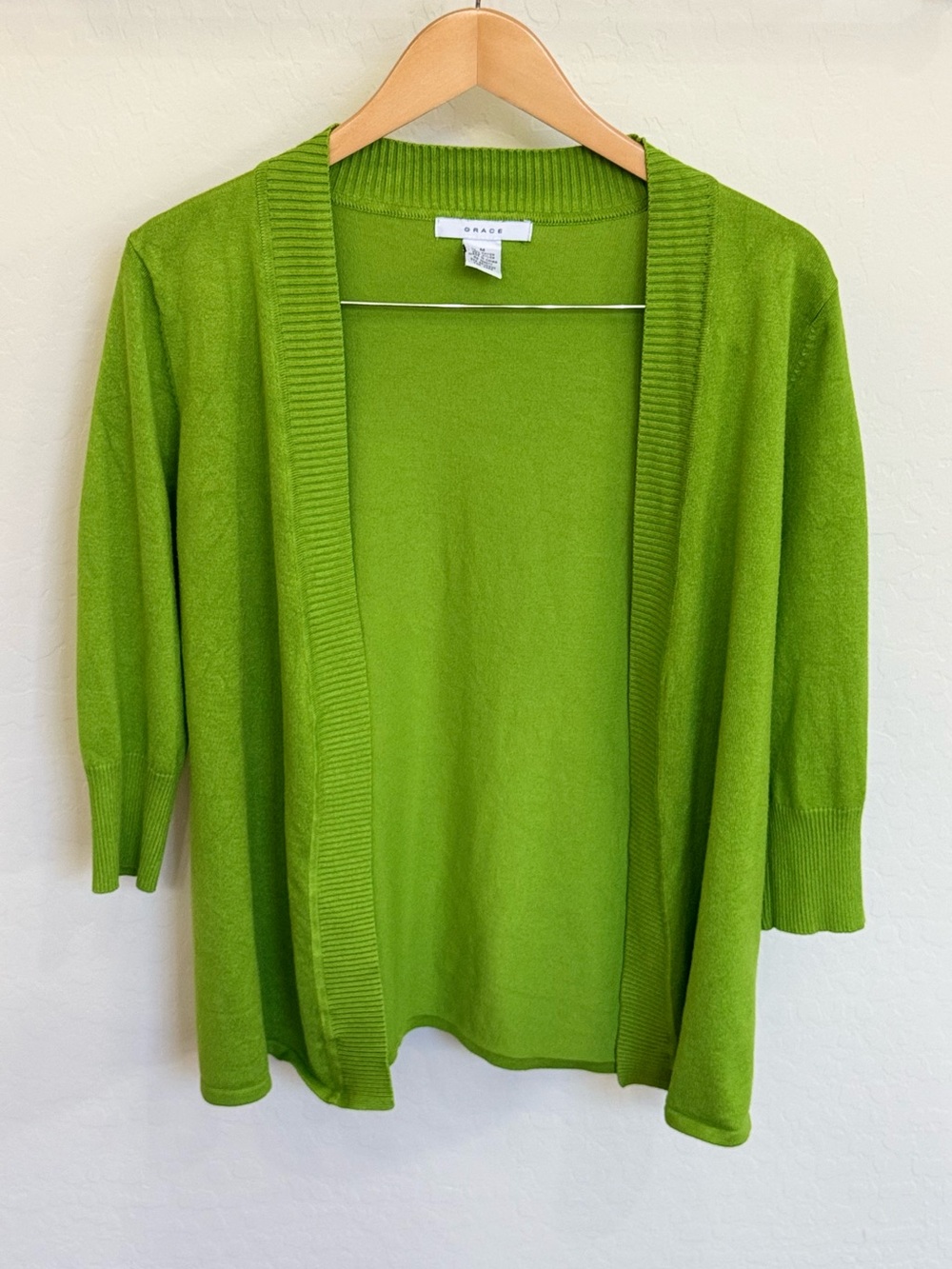 Grace Bright Lime Green Open Front Knit Cardigan Sweater 3/4 Sleeve Y2K Medium